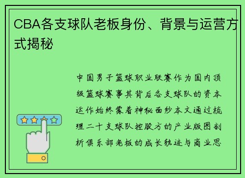 CBA各支球队老板身份、背景与运营方式揭秘